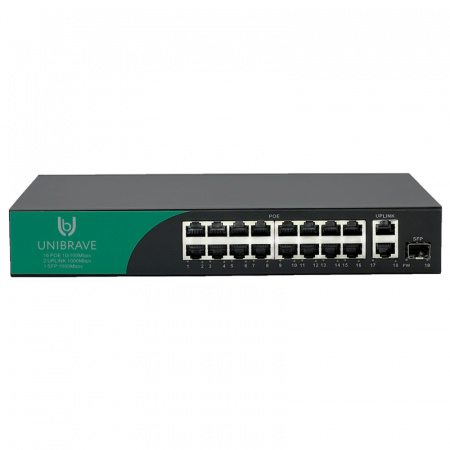 UB-SW-16F2G1SFP-200 Base Неуправляемый коммутатор Unibrave с поддержкой PoE на 16 портов, 2 Uplink 1000 Мбит/c и 1 SFP (200 Вт)