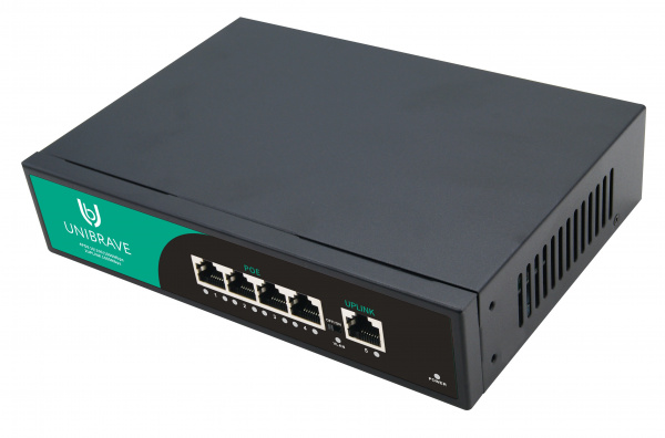 UB-SW-4G1G-65 Base Гигабитный неуправляемый коммутатор Unibrave с 4 PoE-портами 1000 Мбит/с и 1 Uplink 1000 Мбит/с UB-SW-4G1G-65 Base Гигабитный неуправляемый коммутатор Unibrave с 4 PoE-портами 1000 Мбит/с и 1 Uplink 1000 Мбит/с