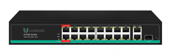 UB-SW-16F2G1SFP-150 Pro Неуправляемый коммутатор Unibrave с поддержкой PoE на 16 портов UB-SW-16F2G1SFP-150 Pro Неуправляемый коммутатор Unibrave с поддержкой PoE на 16 портов