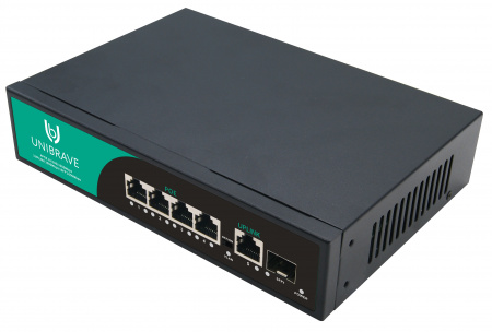UB-SW-4G1G1SFP-65 Base Гигабитный неуправляемый коммутатор Unibrave с 4 PoE-портами 1000 Мбит/с, 1 Uplink 1000 Мбит/с, 1 SFP