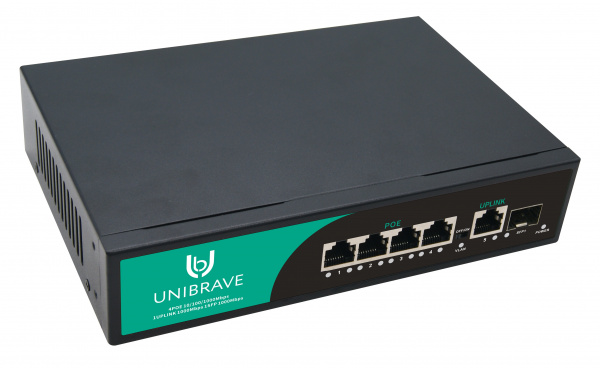 UB-SW-4G1G1SFP-65 Base Гигабитный неуправляемый коммутатор Unibrave с 4 PoE-портами 1000 Мбит/с, 1 Uplink 1000 Мбит/с, 1 SFP UB-SW-4G1G1SFP-65 Base Гигабитный неуправляемый коммутатор Unibrave с 4 PoE-портами 1000 Мбит/с, 1 Uplink 1000 Мбит/с, 1 SFP