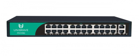 UB-SW-24F2G-300 Base Неуправляемый коммутатор Unibrave с поддержкой PoE на 24 порта и 2 Uplink 1000 Мбит/c (300 Вт)