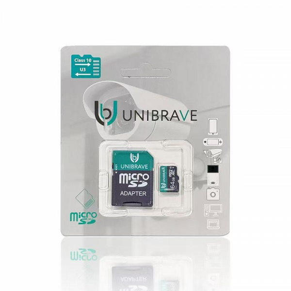 UB-SD64G-A Карта памяти для видеонаблюдения 64GB MicroSD Unibrave Class 10 U3 + SD адаптер