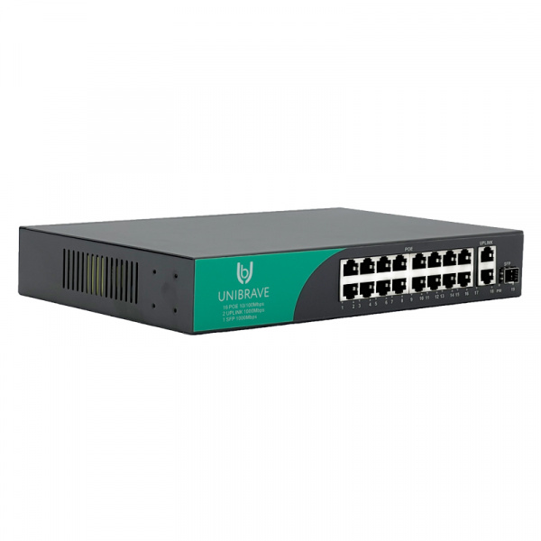 UB-SW-16F2G1SFP-200 Base Неуправляемый коммутатор Unibrave с поддержкой PoE на 16 портов, 2 Uplink 1000 Мбит/c и 1 SFP (200 Вт) UB-SW-16F2G1SFP-200 Base Неуправляемый коммутатор Unibrave с поддержкой PoE на 16 портов, 2 Uplink 1000 Мбит/c и 1 SFP (200 Вт)