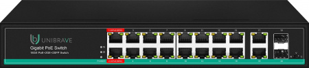 UB-SW-16G2G2SFP-300 Pro Гигабитный неуправляемый коммутатор Unibrave с поддержкой PoE на 16 портов, 2Uplink, 2SFP-портами (300 Вт)