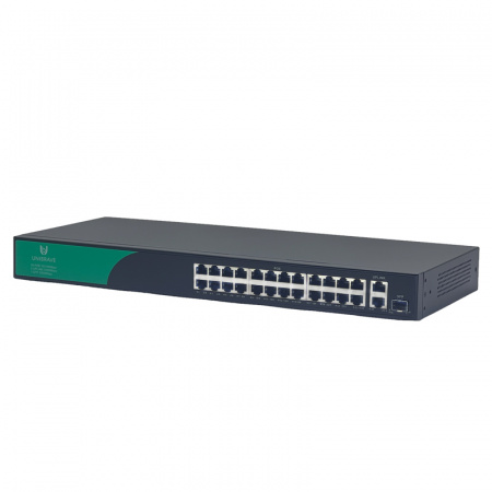 UB-SW-24F2G1SFP-300 Base Неуправляемый коммутатор Unibrave с поддержкой PoE на 24 порта, 2 Uplink 1000 Мбит/c и 1 SFP (300 Вт)