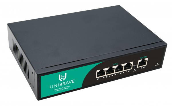 UB-SW-4G1G-65 Base Гигабитный неуправляемый коммутатор Unibrave с 4 PoE-портами 1000 Мбит/с и 1 Uplink 1000 Мбит/с UB-SW-4G1G-65 Base Гигабитный неуправляемый коммутатор Unibrave с 4 PoE-портами 1000 Мбит/с и 1 Uplink 1000 Мбит/с
