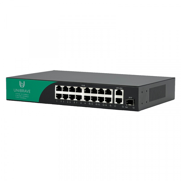 UB-SW-16F2G1SFP-200 Base Неуправляемый коммутатор Unibrave с поддержкой PoE на 16 портов, 2 Uplink 1000 Мбит/c и 1 SFP (200 Вт) UB-SW-16F2G1SFP-200 Base Неуправляемый коммутатор Unibrave с поддержкой PoE на 16 портов, 2 Uplink 1000 Мбит/c и 1 SFP (200 Вт)