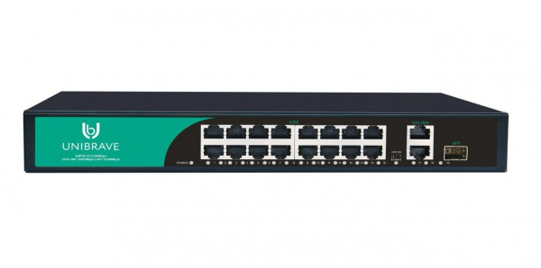 UB-SW-16F2G1SFP-200 Base Неуправляемый коммутатор Unibrave с поддержкой PoE на 16 портов, 2 Uplink 1000 Мбит/c и 1 SFP (200 Вт)